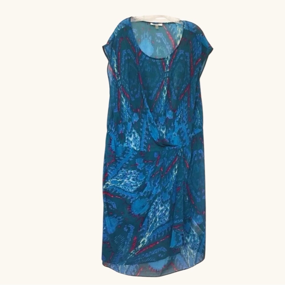 DKNYC 2X Teal Abstract Ikat Overlay Dress w/ Slip | Artsy Statement | Plus Size